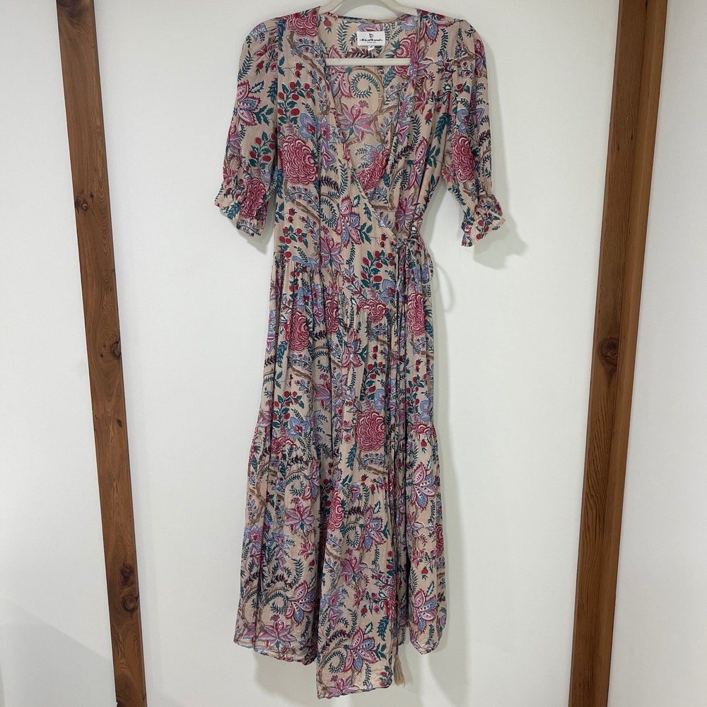 The Fox and the Mermaid Venice Wrap Dress Womens Small Floral Block Print Maxi S